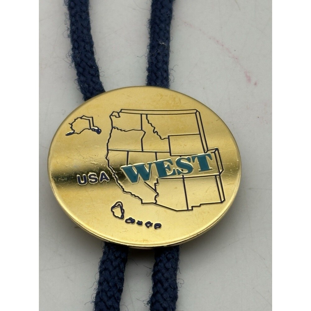Vintage USA West Map Bolo Tie Gold Tone Blue Cord Western Cowboy Southwest